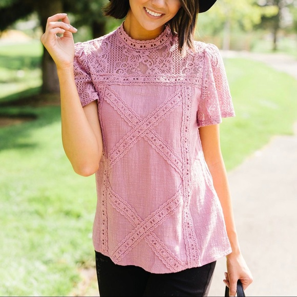 FINAL PRICE❗️Diamonds + Lace Mock Neck Pink Blouse - Picture 3 of 8